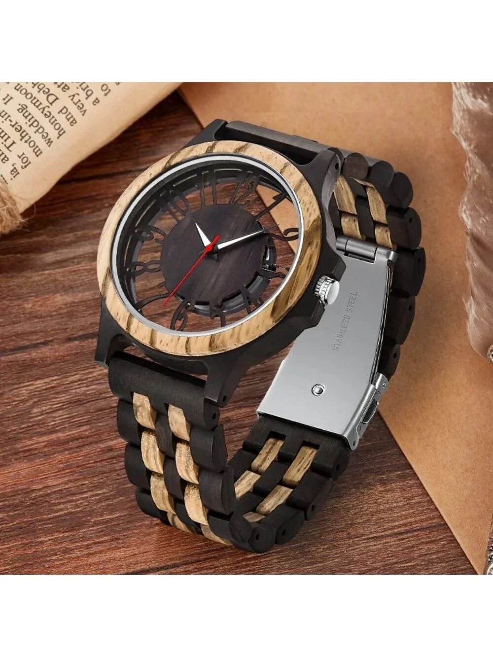 Men's Black Quartz Ebony Zebra Fold over Clasp Wood Strap Round Wooden Watch